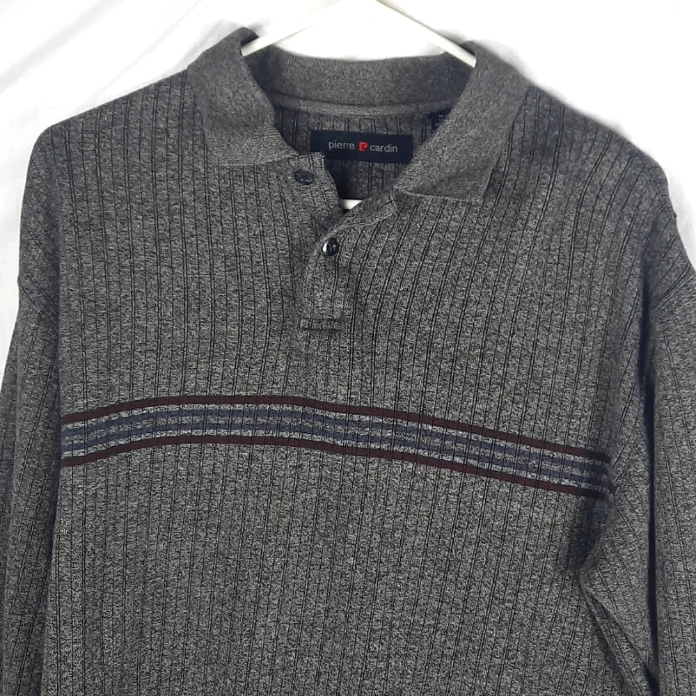 Pierre Cardin Mens Sweater Polo Shirt Medium Gray Long Sleeve